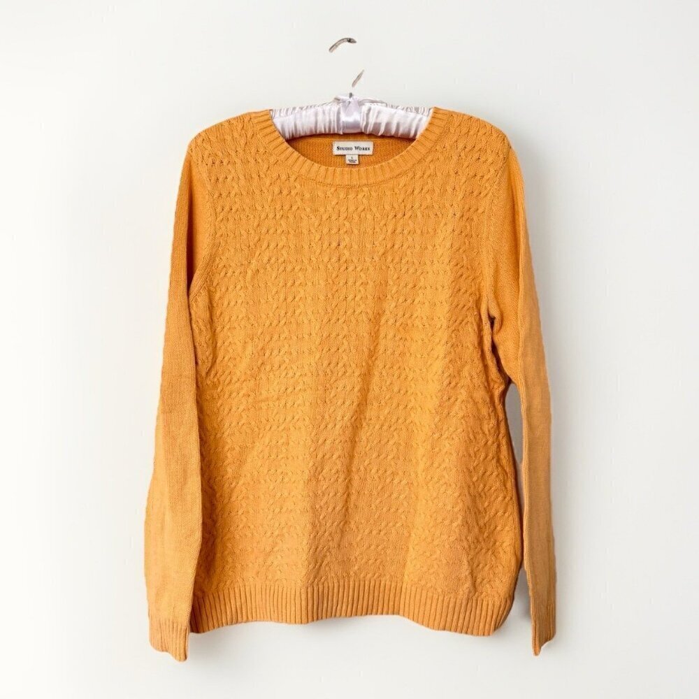 Womens Studio Works 100% Cotton Yellow Crew Sweater Size Large Knit